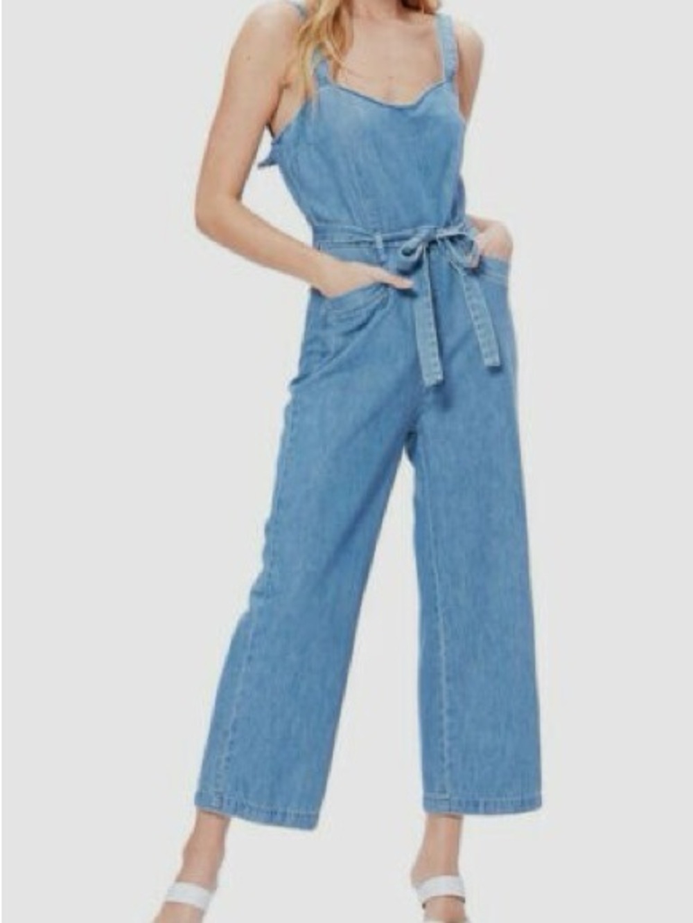 Light Blue Denim Jumpsuit Jeans with Tie Waist
